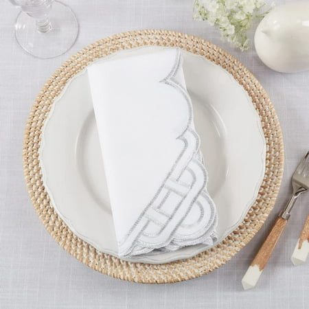 

Fennco Styles Braid Embroidered Metallic Border Cloth Napkins 20 W x 20 L Set of 4 - Silver Dinner Napkins for Home Décor Everyday Use Christmas Banquets and Special Events