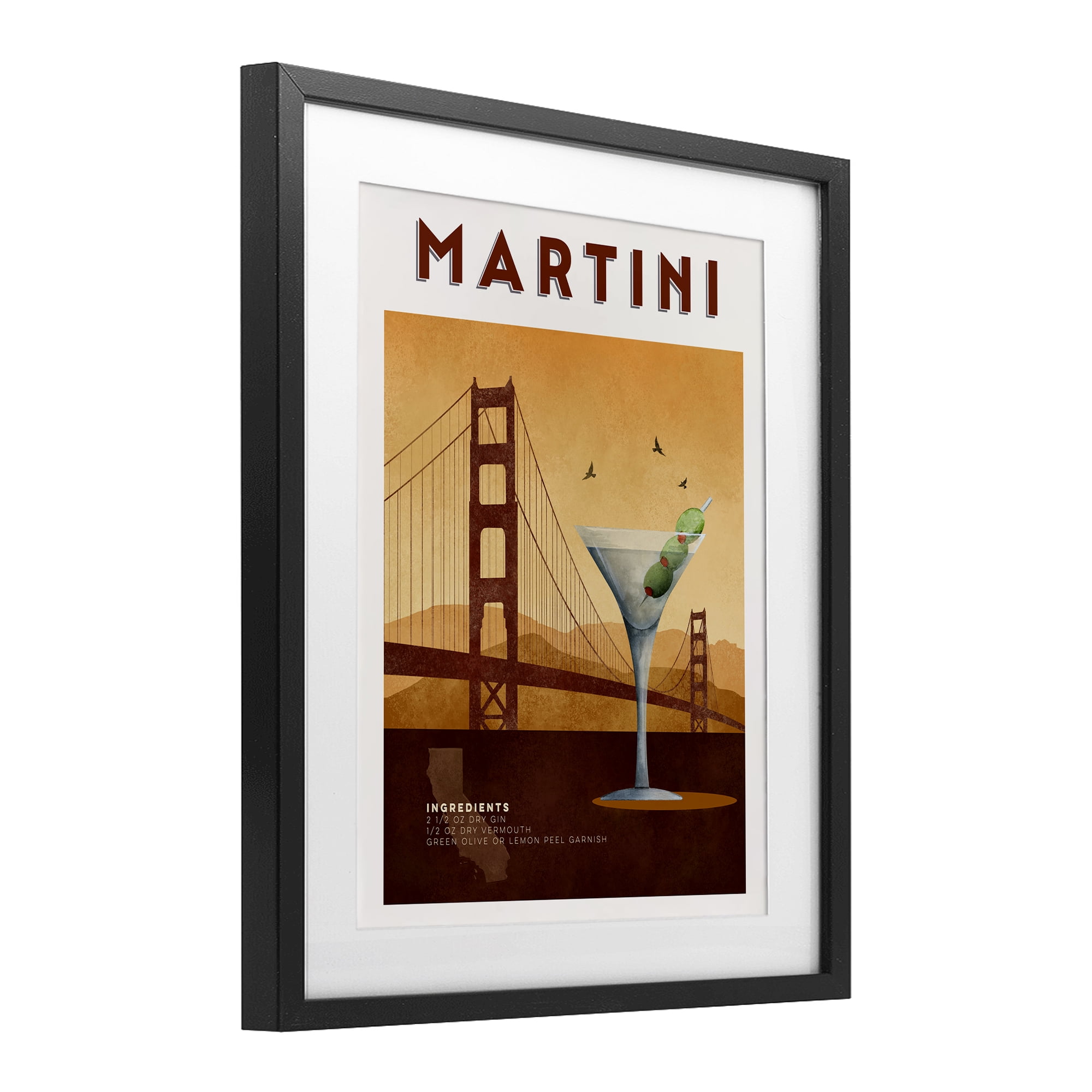 Retro Martini & Bridge View Black Framed Print Under Glass, design by Brett Blumenthal