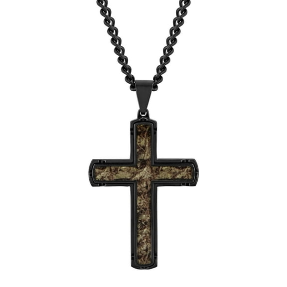 Men's Black Stainless Steel Brown Camo Center Cross Pendant by Brilliance Fine Jewelry - 24" Necklace