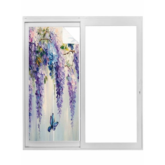 Purple Lavender Window Privacy Film, Butterfly Flower Abstract Brush Artwork Static Cling UV Sun Blocking Tint Film Heat Control Windows Films for Bedroom Bathroom, Window Stickers 35.4"x78.7"