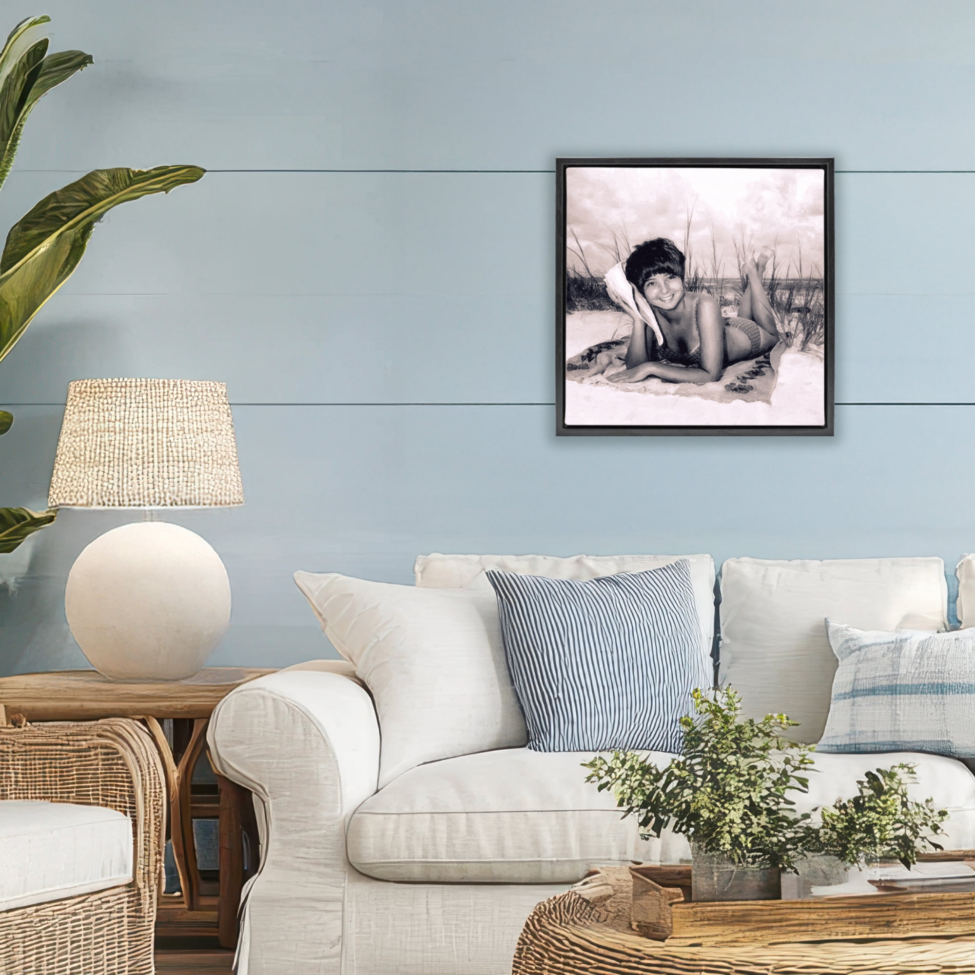 Stupell Industries Vintage Summer Girl with Conch Black Framed Floater Canvas Wall Art, design by Grotto Studios