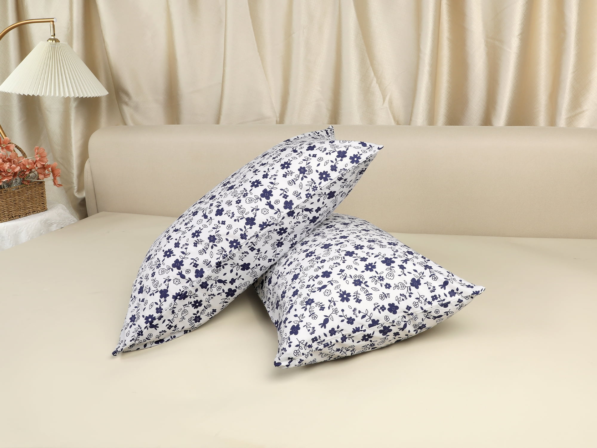 Unique Bargains Set of 2 Pillowcase for Hair and Skin Cotton Floral Pillow Cases Dark Blue