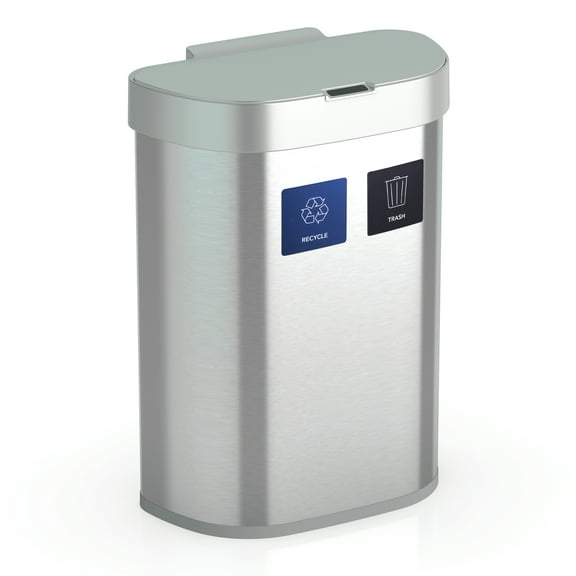 Nine Stars Dual-Compartment Motion Sensor Automatic Kitchen Trash Can, 21 Gallon Stainless Steel, Recycle Bin, Motion Sensor Hands-Free Soft-Close Garbage Bin, Silver