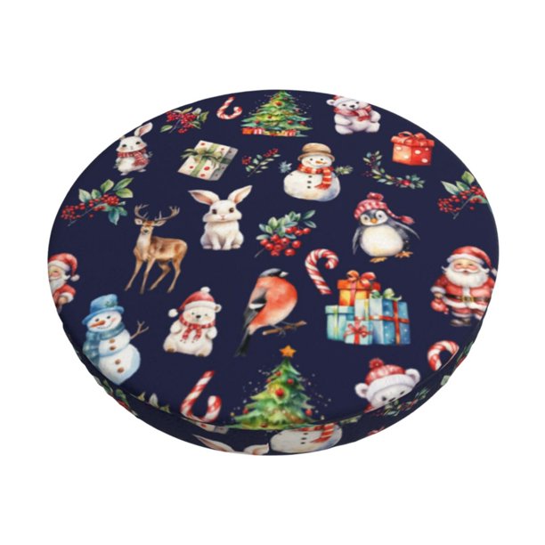 Disketp Christmas Critters Delight Funda Redonda para Taburete, Funda de Cojín para Silla de Bar Suave y Elástica-14 inch