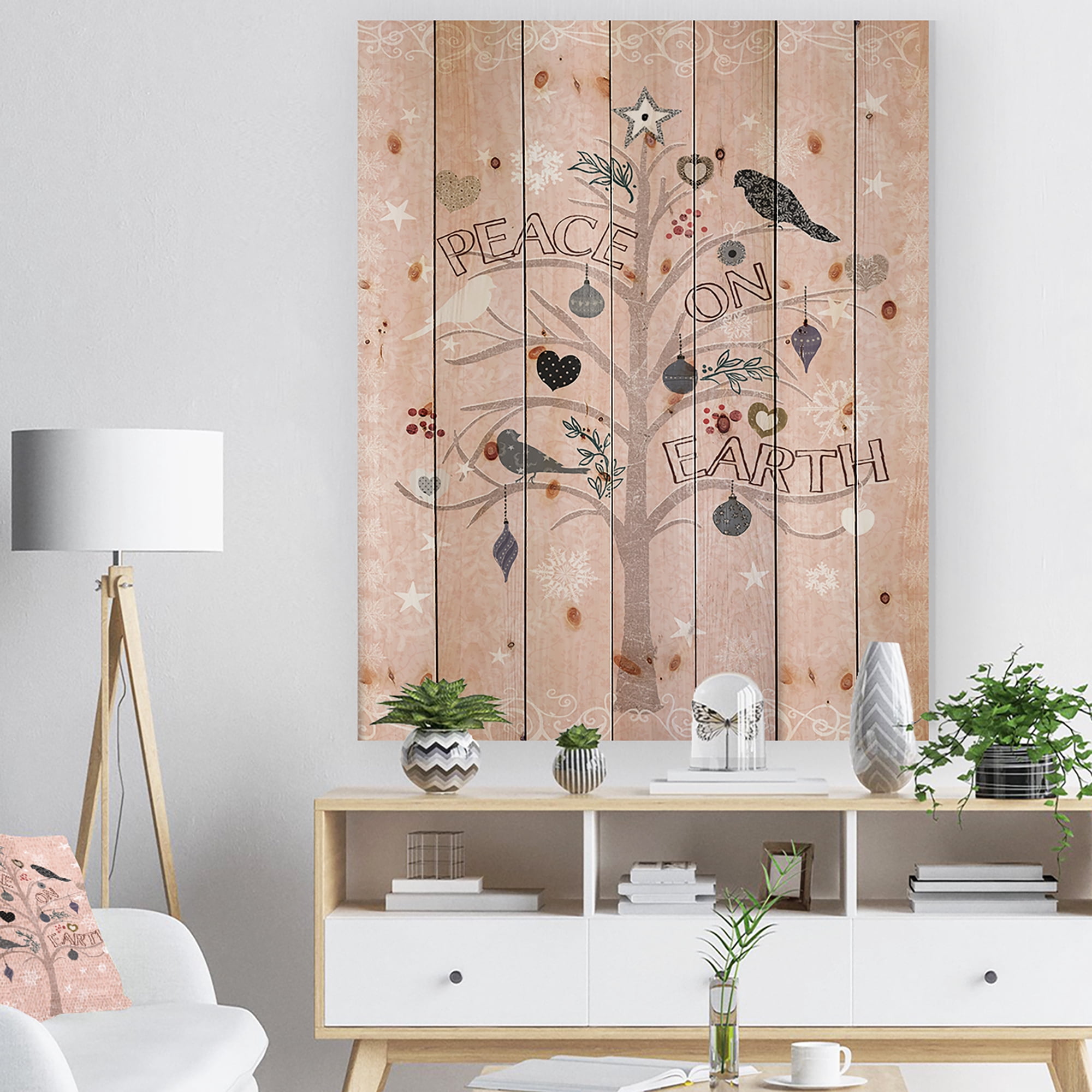 Designart 'The Embellished Christmas Tree, Peace on Earth' Print on Natural Pine Wood