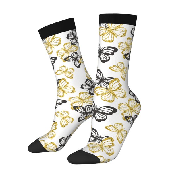 Balery Golden Glitter Butterflies Calcetas Largas con Estampado para Hombre y Mujer – Suaves y Transpirables, Talla Única (US 5-11)