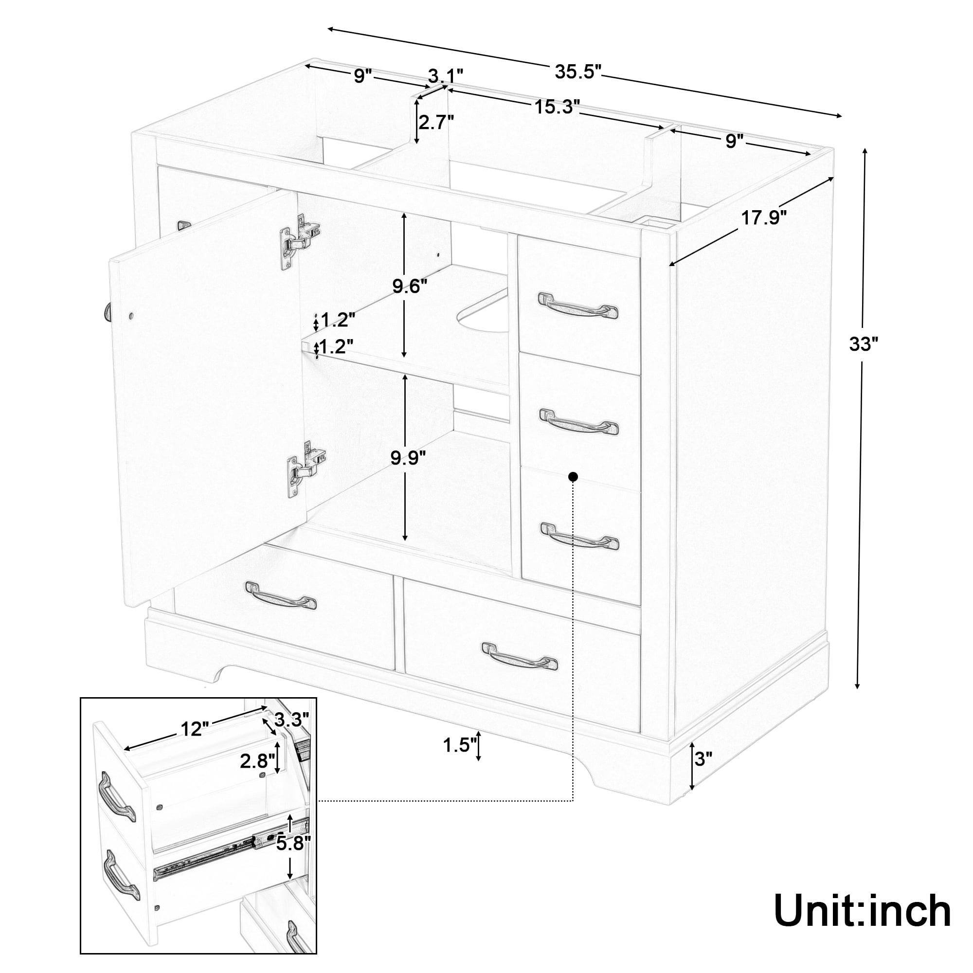 Euroco 36" Bathroom Vanity without Sink, Cabinet Base Only, Six Drawers, Multi-Functional Drawer Divider, Adjustable Shelf, Green