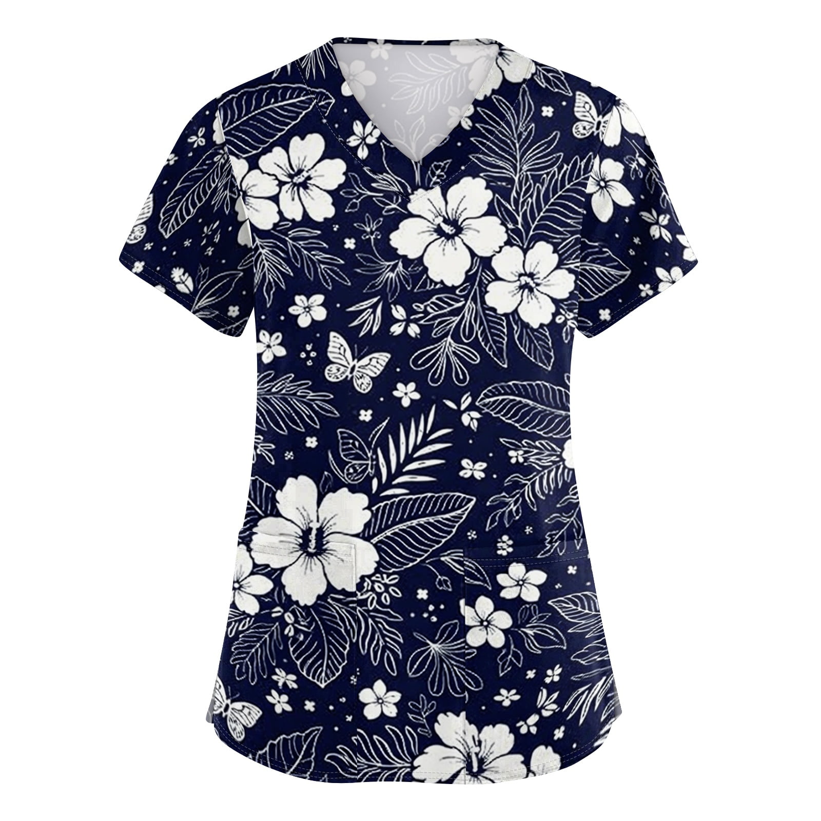 Hawaiian Scrubs for Women V Neck Hawaiian Printed Scrub Tops Medical Nurse Shirt Soft Work Uniform with Pockets Navy L