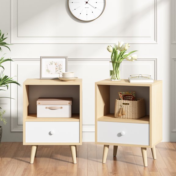 Jaxpety Set of 2 Wood Nightstand W/ Drawer and Open Shelf, End Table  for Home Bedroom Living Room, Light Wood