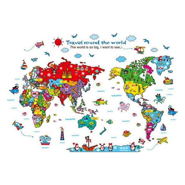 Inteprter Adhesivo de pared Mapa del mundo Animal Extraíble Cómodo Papel tapiz suave Dibujos animados coloridos Accesorio para el hogar Mural Decoración del hogar