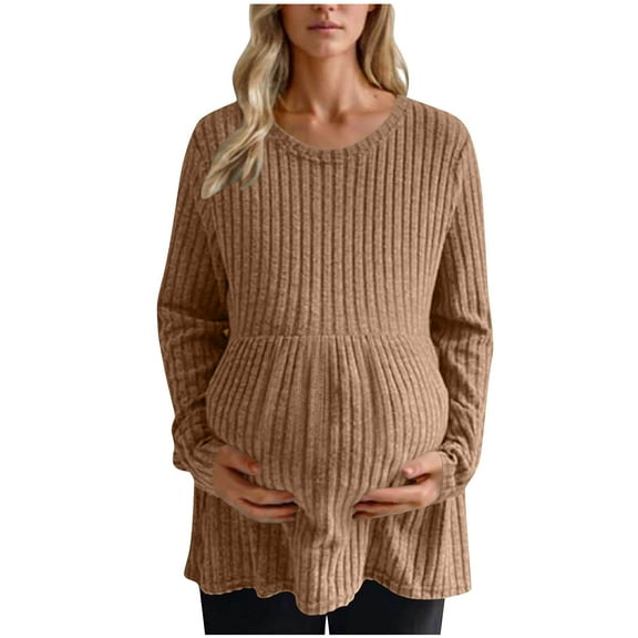 Fnooota Womens Maternity Long Sleeve Tops, Crew Neck Stretchy Knitted Pullover Pregnancy Clothes Brown Size S-3XL