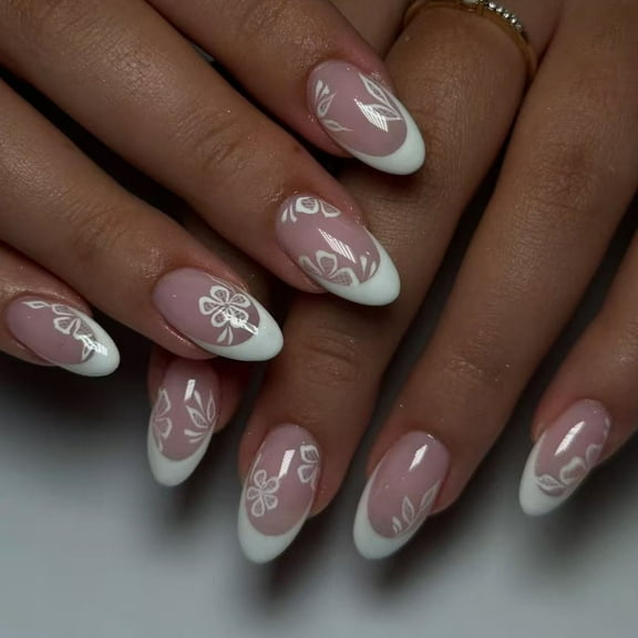 Almond Press on Nails Glossy Fake Nails Stick on Nails in 12 Sizes,24Pcs French Nails Tips for Nails Art Decorations