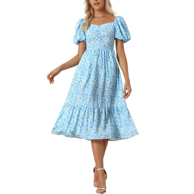 INSPIRE CHIC Vestido Largo Bohemio Floral de Manga Corta con Cuello Cuadrado y Corte A Casual en Color Azul M