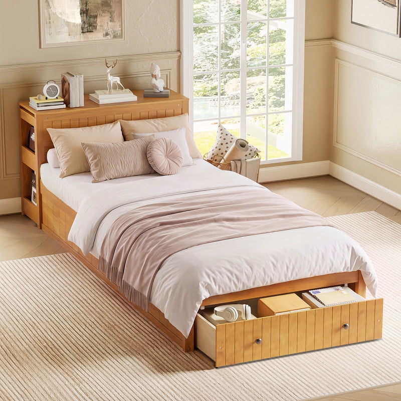 Twin Size Platform Bed with Pull-Out Hidden Desk, Wood Storage Bed Frame with Headboard Shelving & Footboard Drawer