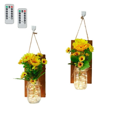 

Toma 2pcs Rustic Mason Jar Wall Sconces LED Fairy Lights Flowers with Remote Control Battery Powered for Country Home Wedding Cafe Bar Store Wall Bedroom Decoration