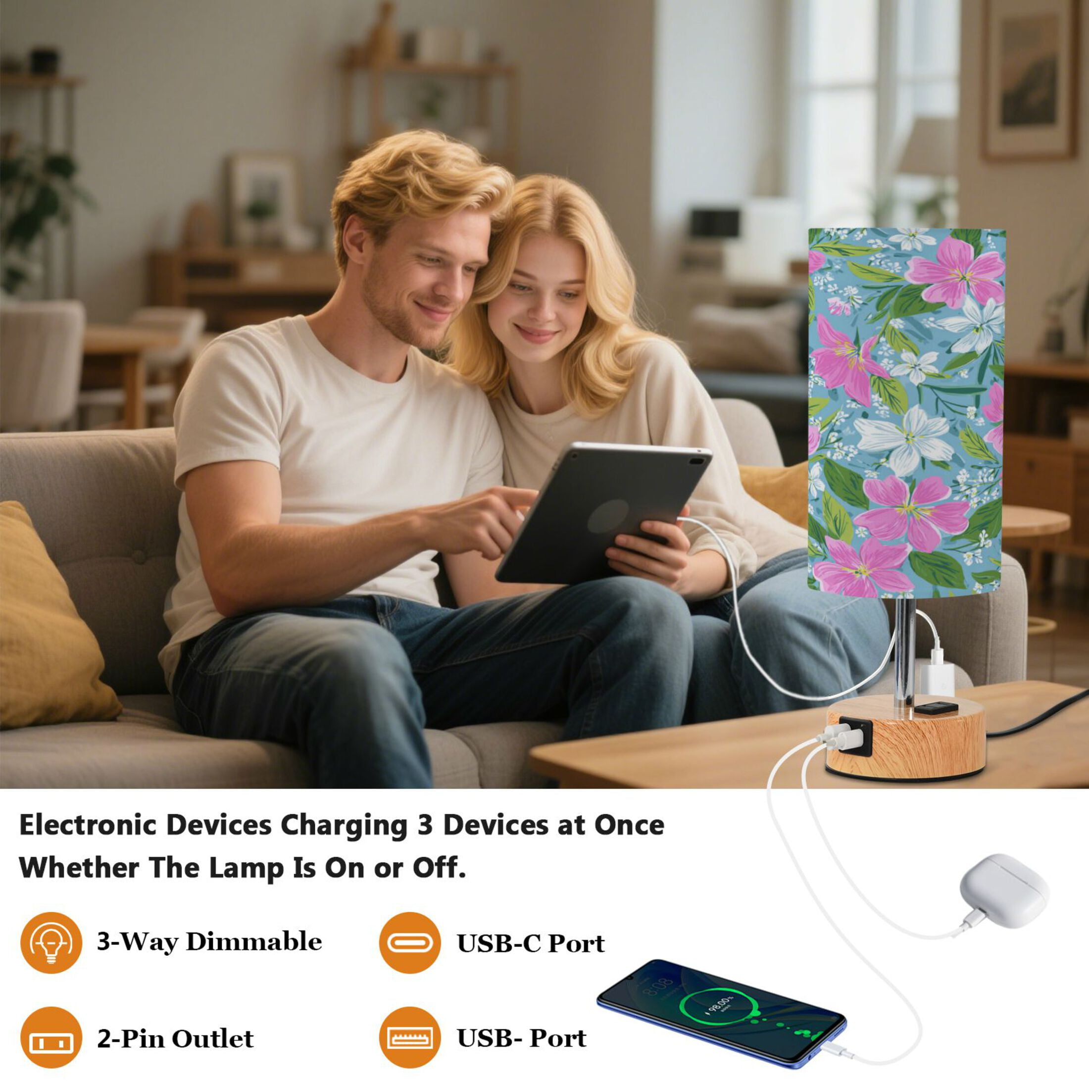 Touch-Control 3-Color Desk Lamp with Plug – Energy-Saving LED + 3 Simultaneous Charging Ports Lily Pulitzer Floral Pattern
