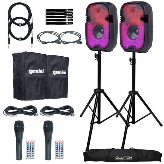 (2) Gemini PartyBox Rave8 8" Powered Speakers with Heavy Duty Tripod Speaker Stands Package