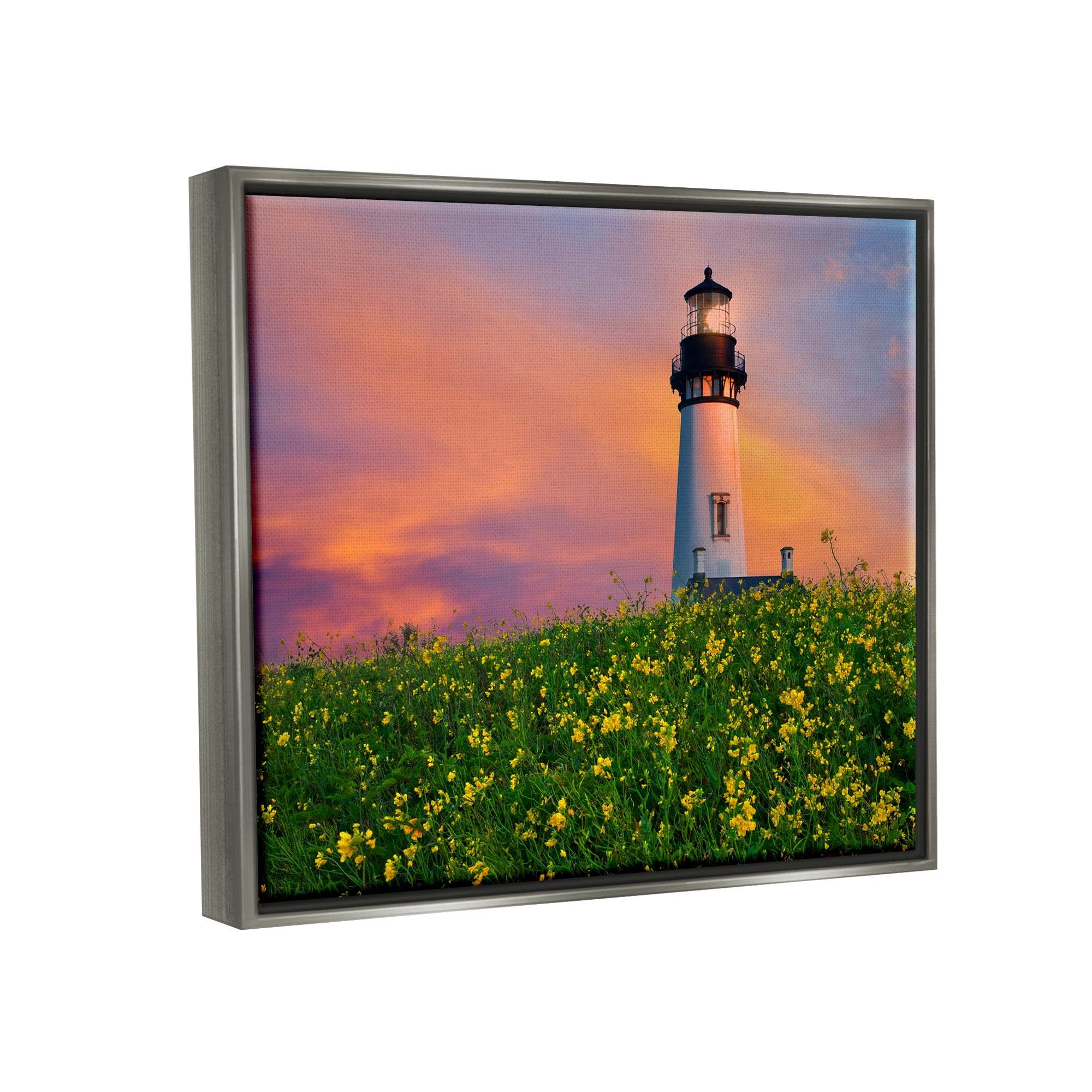 Stupell Industries Lighthouse in Meadow Sunrise Nature Photography Gray Floater Framed Art Print Wall Art, 21 x 17