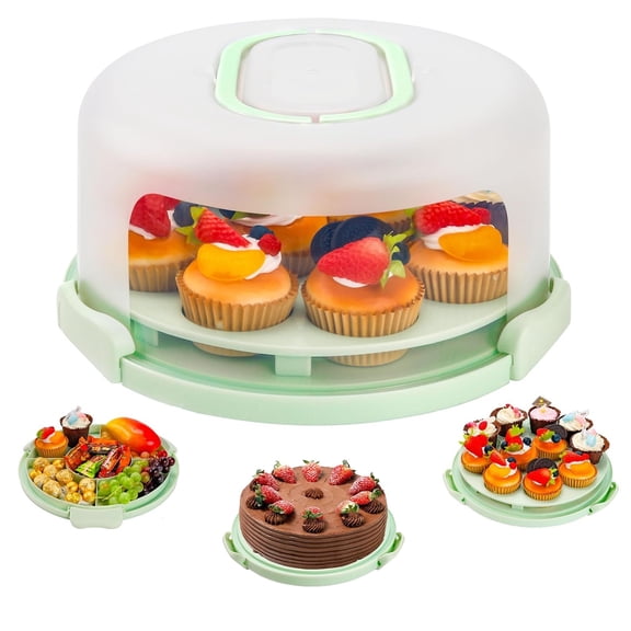 TEXIJUSO Green Cake Containers with Lids Round Plastic Cupcake Holders 4-in-1 Multipurpose Cake Carrier Holder for 11 Inch Cake Pies Cupcake Eggs Fruit or Snack Transport