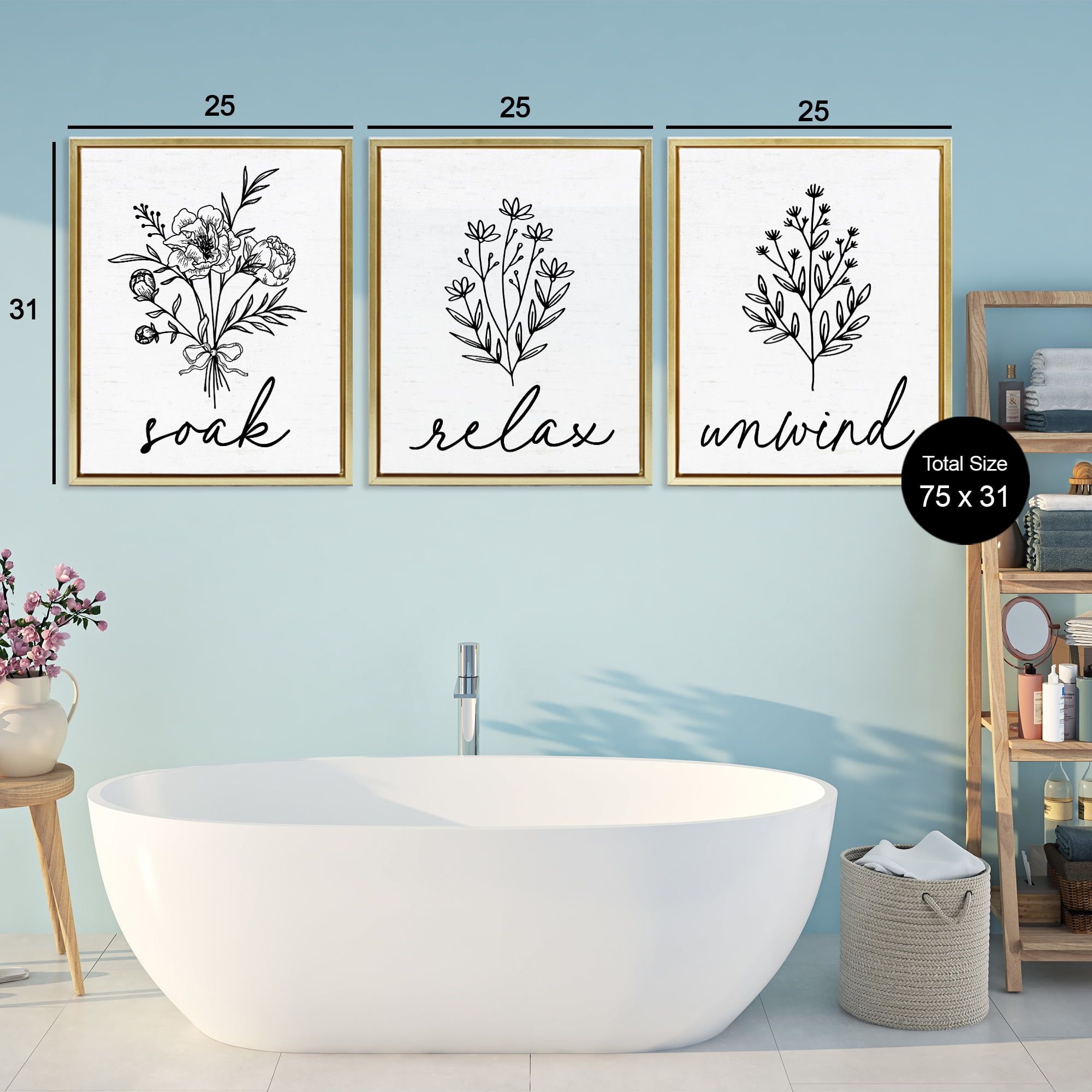 Bathroom Herbs for Relaxation 3 Piece Gold Framed Floater Canvas Set, design by Lettered and Lined