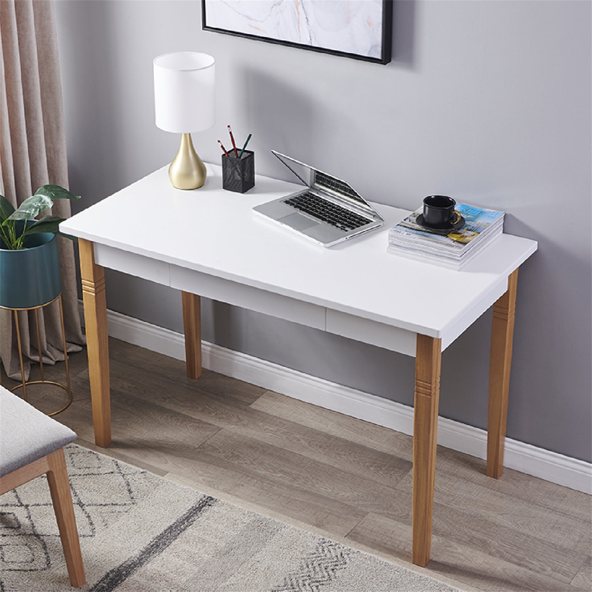 Resenkos Modern Wood Writing Desk with Drawer, Home Office PC Laptop Study Table, White 47 inch Resenkos Modern Wood Writing Desk with Drawer, Home Office PC Laptop Study Table, White 47 inch