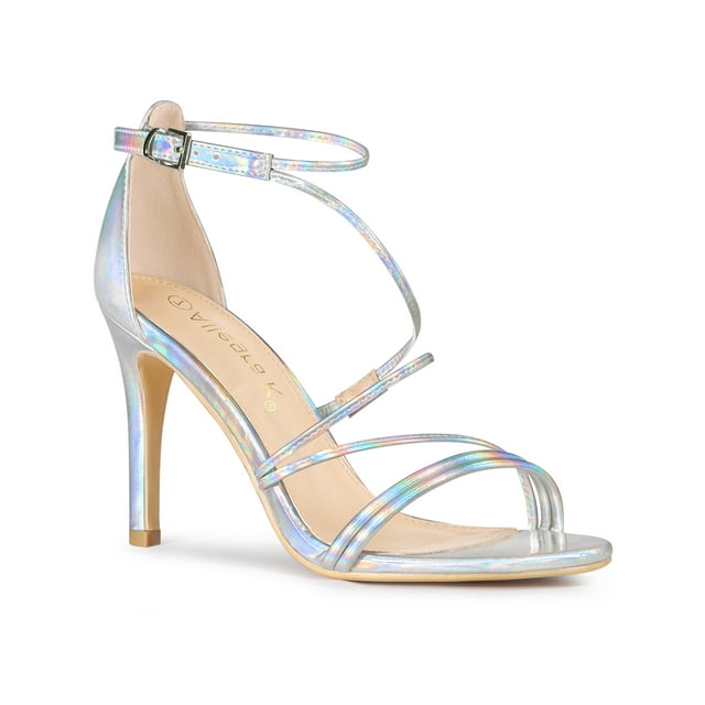 BLISSFUL STEP Chaussures pour Femmes Sandales à Talons Aiguilles à Brides Bride à la Cheville Bout Ouvert pour Soirée Argent 7