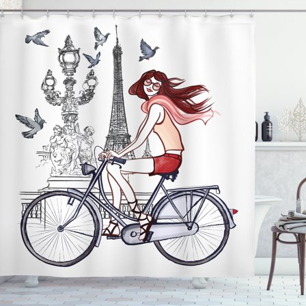 Ambesonne Paris Shower Curtain, Woman on Bike Eiffel, 69"Wx70"L, Grey Red Peach