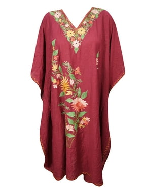 Mogul Women Floral Short Caftan Embellished Bikini Cover Up Resort Style Sleepwear Tunic Dress Kaftan 2X