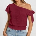 thumbnail image 4 of Miluxas Women's Trendy One Shoulder Blouse - Eyelet Lock Knit Short Sleeve Top with Bow Tie Smocked Hem Solid Tunic Shirts Summer Beach Outfits Wine, 4 of 9