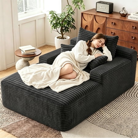 Aukfa 65" Oversized Chaise Lounge Indoor Chair Boneless Sofa Couch for Living Room, 3Pillows, Corduroy, Dark Gray
