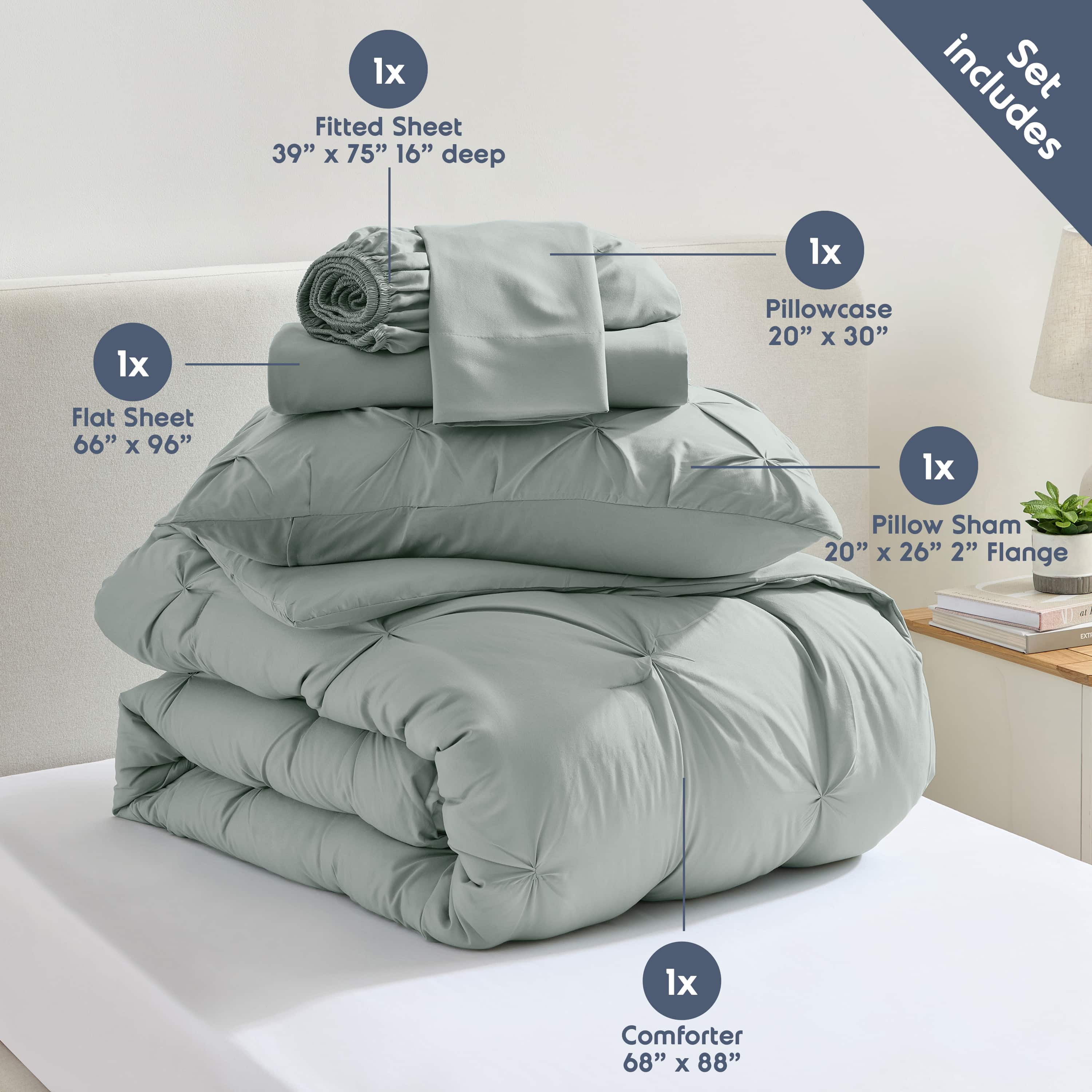 LammaLoe Twin Comforter Sets, 5 Piece Bed In A Bag Pintuck Bedding Sets, Sage Green