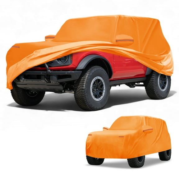 Unique Bargains Car Cover Waterproof All Weather Automotive Outdoor Anti-UV Sun Rain Protection Full Exterior Cover for Ford Bronco 2DR 210D-PU Orange with Reflective Strip
