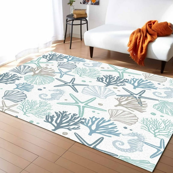 Area Rugs Indoor Non-Slip Rectangle Rug 5x8 Ft Nautical Coastal Turquoise Starfish Seashell Coral Seahorse Rug Rubber Backing Floor Mats Non Shedding Home Decor Carpet for Entryway Living Room