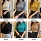 thumbnail image 3 of Suéter de punto ajustado y elástico para mujer, cuello redondo, mangas hasta el codo, blusa básica, 3 of 3