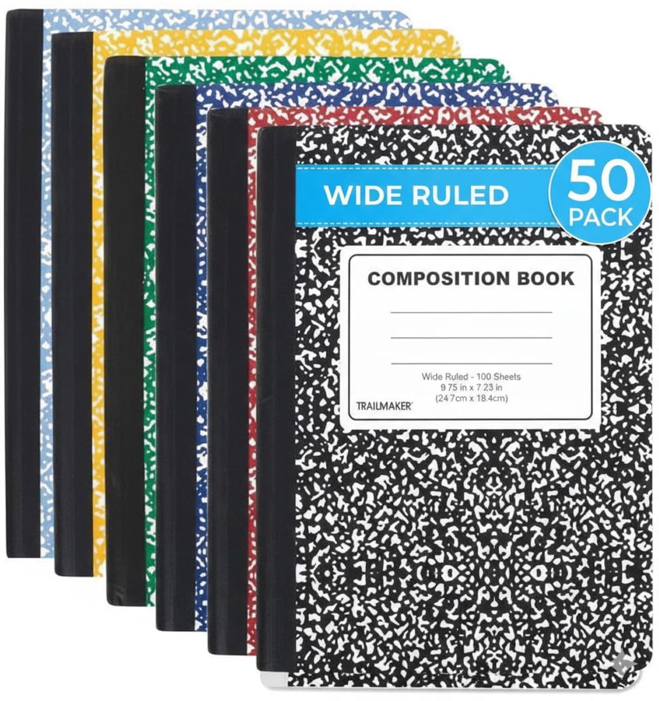 Trailmaker Bulk Composition Notebooks Colored (50 Pack), Wide Ruled Marble Cover, 200 Pages (100 Sheets), 9.75 x 7.5, Bulk School Supplies for Classroom, Office & School Donations