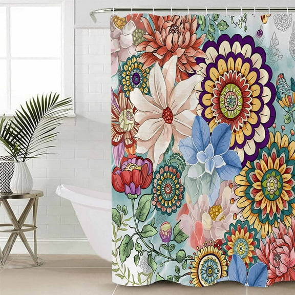 Boho Floral Waterproof Fabric Shower Curtain, Bohemia Colorful Mandalas Botanical Flower Shower Curtain for Bathroom Curtains Bathtubs Hotel Washable Shower Curtains with 12 Hooks Small 36x72in