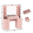 thumbnail image 5 of Pink Vanity Desk with Mirror & LED Lights, Glass Top Vanity Desk with Charging Station & Compartment Storage Drawers, 43" Large Makeup Vanity Table with 9 Drawers & 6 Shelves, 5 of 7
