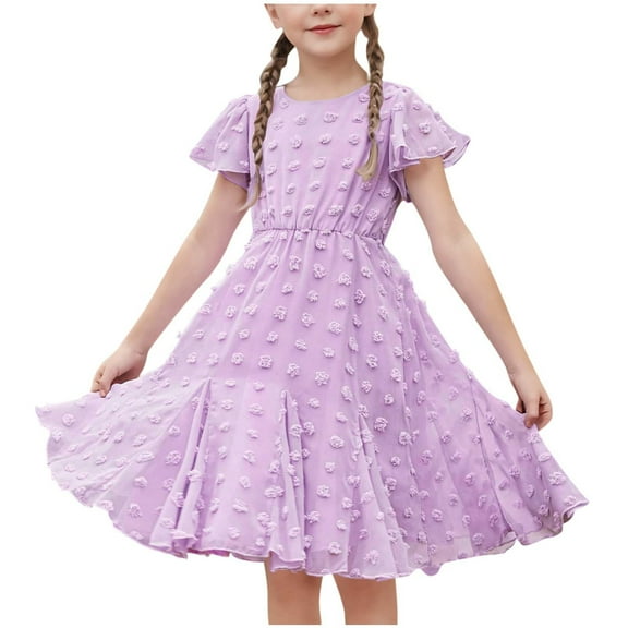 QTOCIO Toddler Girls Dresses, Baby Girl Summer Clothes, Children's Waist Cinched Short Sleeved Round Neck Dress Princess Dress, Purple, 11 Years