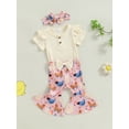 thumbnail image 3 of EYIIYE Toddler Baby Girl 3Pcs Summer Outfits 0 3M 6M 12M 18M Infant Short Sleeve Jumpsuits Ribbed Ruffled Rompers with FloralChick Flare Pants Headbals Fashion Cute Casual Clothes for Daily, 3 of 9