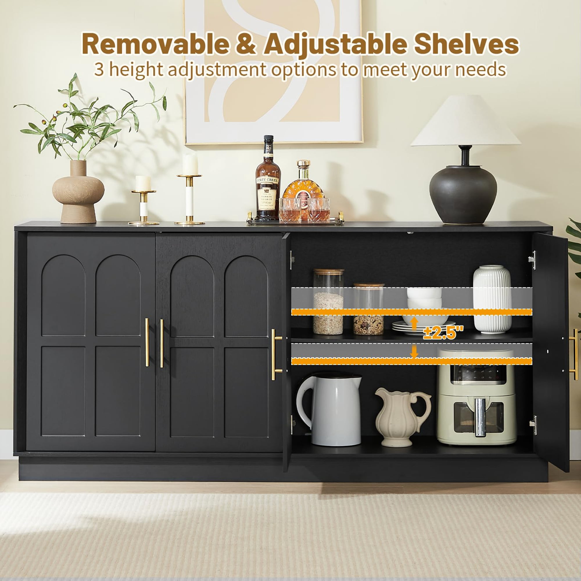 BFJDM 67" Sideboard Buffet Cabinet with Storage, Modern Credenza with Arched Doors, Large Wood Accent Cabinet for Living Room Entryway (Black)