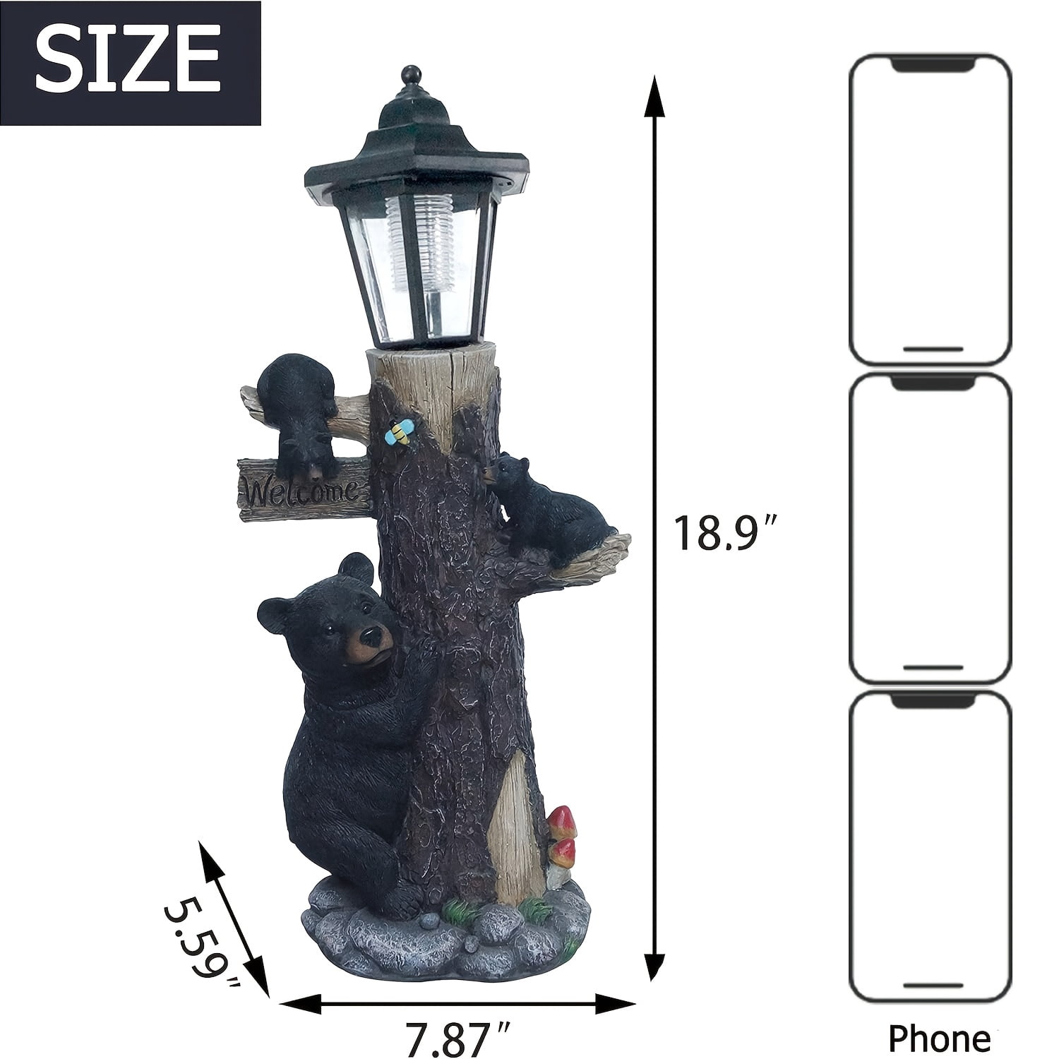 Solar Welcome Bear Garden Light with LED 3 Cubs Climbing Tree Resin Outdoor Yard Decor