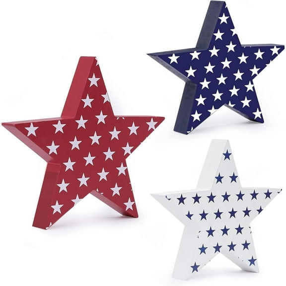 Patriotic Decoration Independence Day Tabletop Decor Memorial Day Wooden Star Blocks 4th of July Wood Star Standing Blocks Tabletop Decor 3pcs