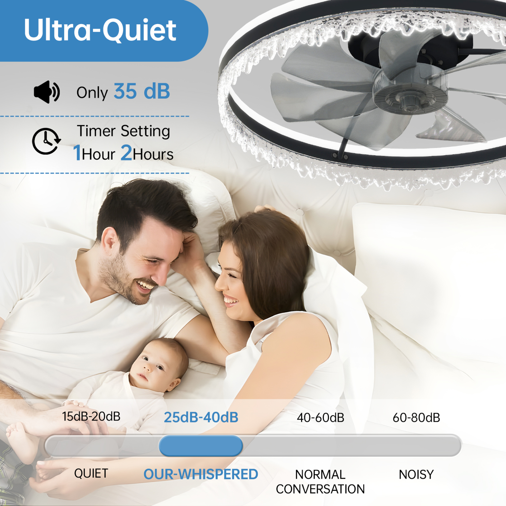 Leumius Modern LED Ceiling Fan with Light, 24In Dimmable Ceiling Light with Invisible Blades and Crystal Design, Remote Control & Adjustable Color Temperature for Bedroom, Living Room,Black