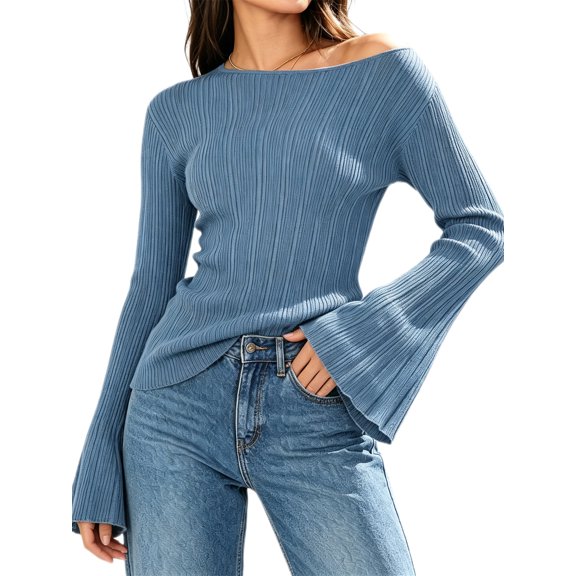 Womens Bell Long Sleeve Tops Going Out Knitted Pullover Sweater 2025 Fall Fashion Lightweight Winter Shirts