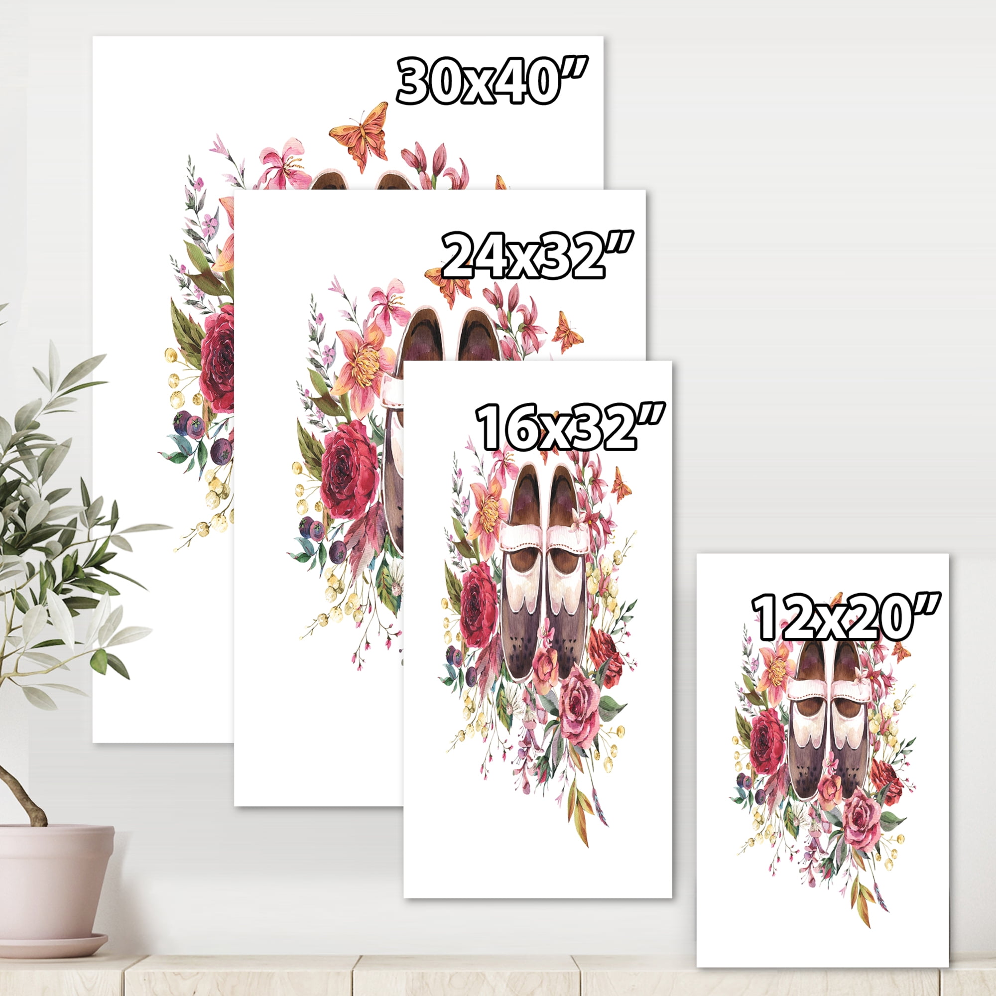 Designart ' Wildflowers With Ancient Oxford Shoes ' Farmhouse Canvas Wall Art Print