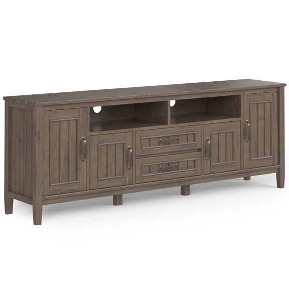 Simpli Home Lev SOLID WOOD 72 inch Wide Contemporary TV Media Stand in Smoky Brown For TVs up to 80 inches