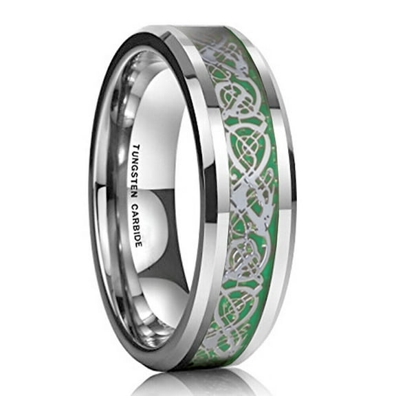Wedding Rings Womens 6mm Silver Celtic Tungsten Band w/ Silver Green Carbon