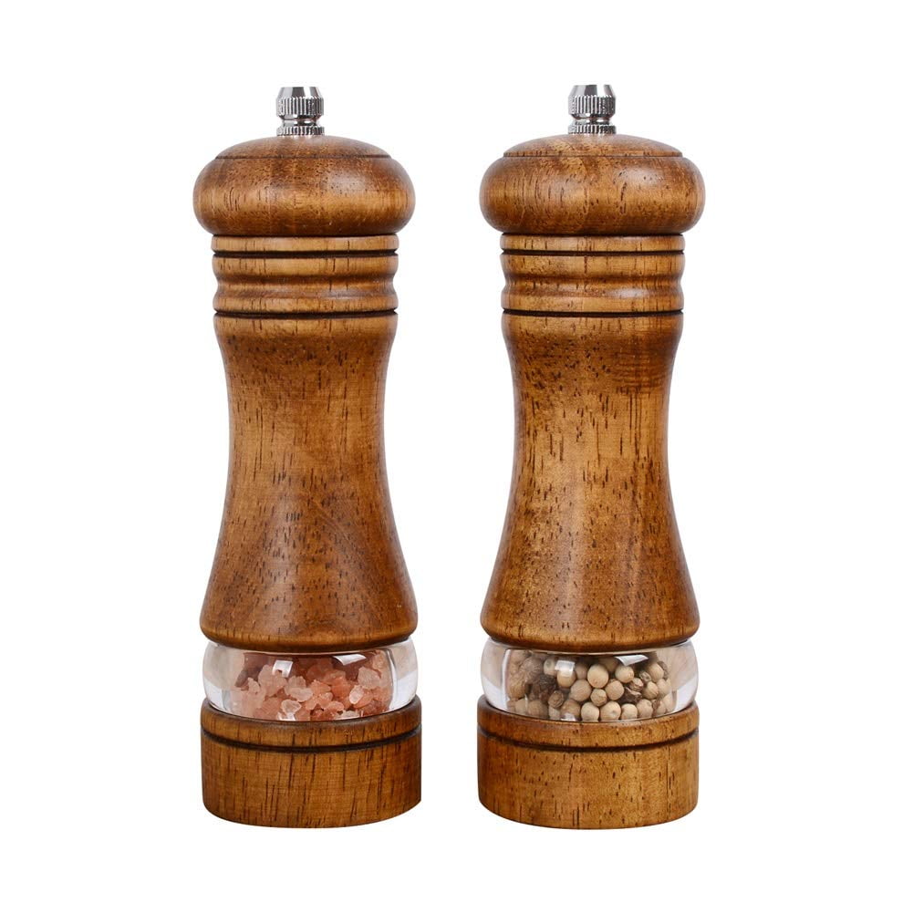 Wooden salt and pepper grinder, suitable for barbecue and kitchen utensils, adjustable ceramic grinder -6.5 inches, 2-piece set