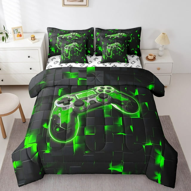 YST 7-Piece Gamer Comforter Set, Game Console Theme, King Size, 3D Black and Green Gamepad, Fluorescent Green