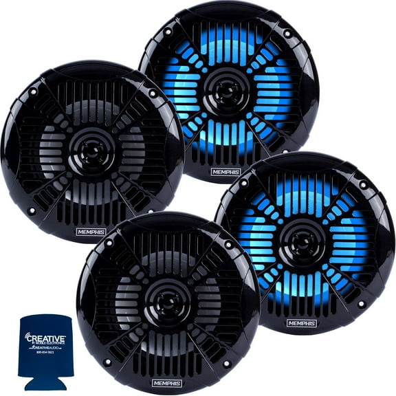 Memphis Audio LED Marine Speaker Pack: 2 Pairs of MXA602SLB 6.5" Marine Grade Coaxial Speakers, Black With Blue LED